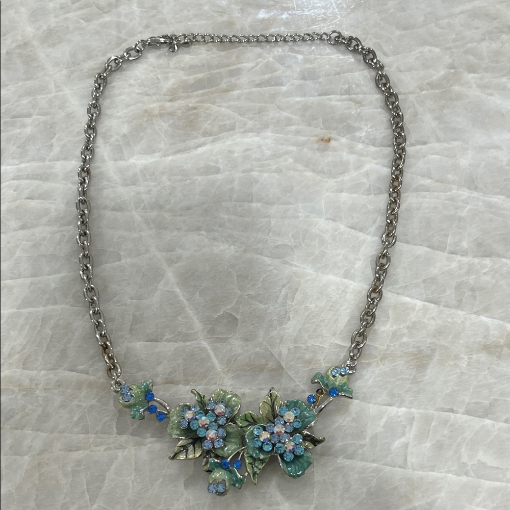Floral Silver Necklace with Blue and Green Accents and AB Rihinestones